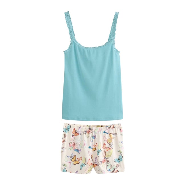 Ensemble pyjama short et débardeur côtelé papillon bleu sarcelle <span itemprop=