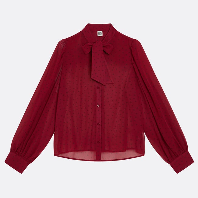 Chemise lavallière à pois manches longues imprimé pois <span itemprop=