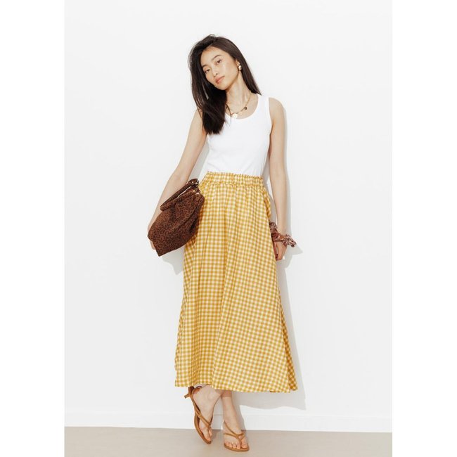 Jupe midi à carreaux vichy carreaux ocre <span itemprop=