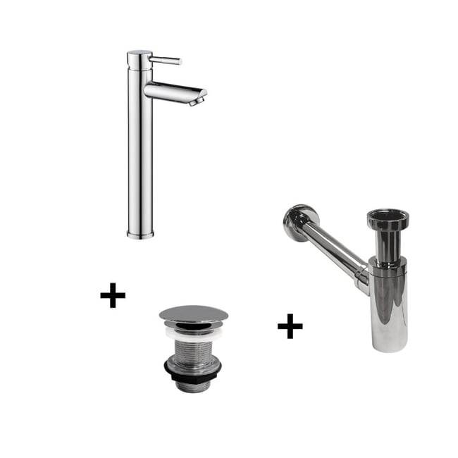 Robinet bec haut TAP + bonde LIV + siphon SIMON chromé <span itemprop=