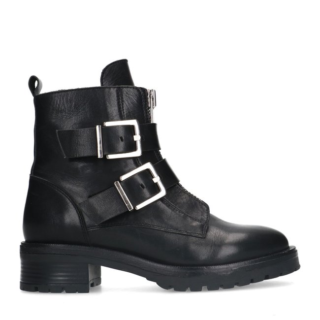 Bottines motardes en cuir avec boucles noir <span itemprop=