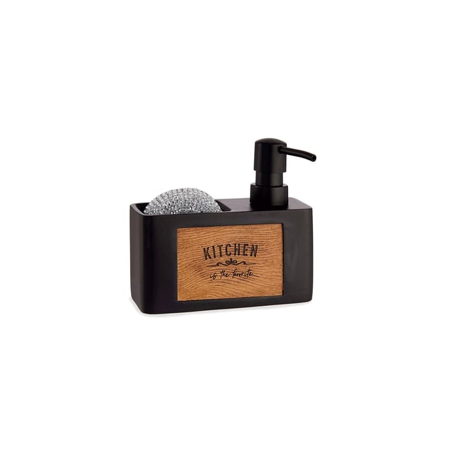 Distributeur liquide vaisselle + porte éponges noir et bois - 11.5x11x19cm Couleur v002228 <span itemprop=