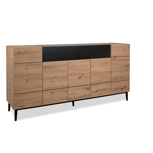 Buffet moderne 5 portes 1 tiroir décor bois et noir ALVA Couleur bois naturel <span itemprop=