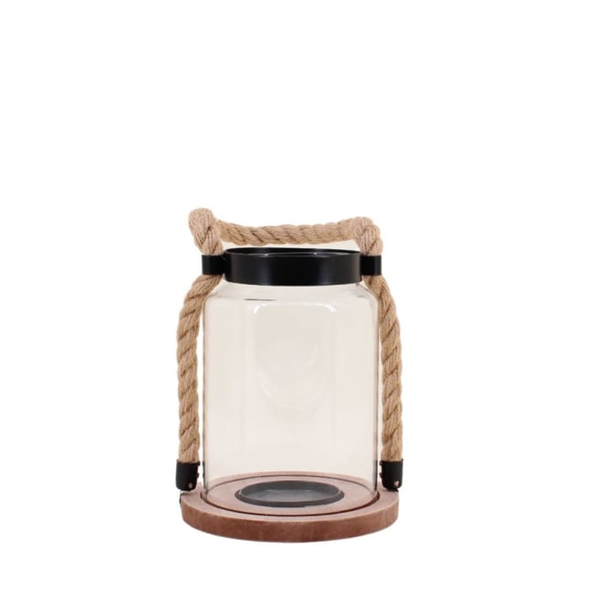Lanterne en verre poignée corde 16x19cm Couleur beige <span itemprop=