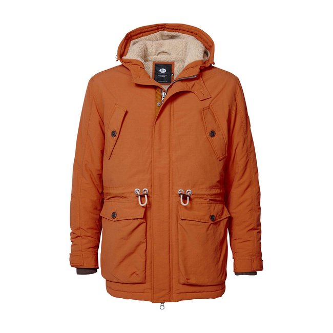 Parka con capucha rojizo <span itemprop=