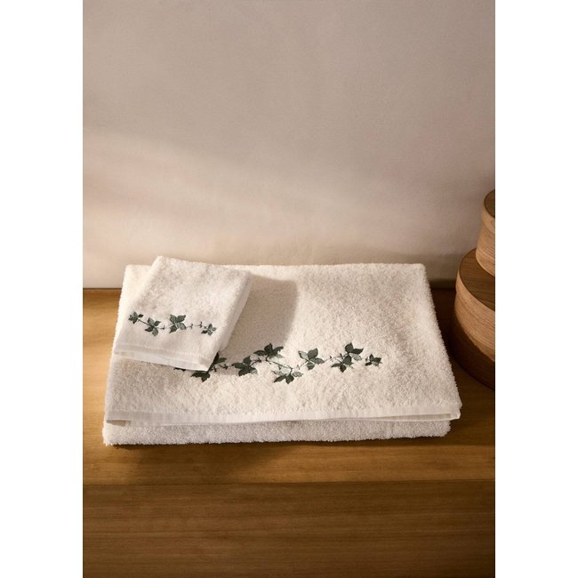 Drap de bain coton broderie à fleurs blanc cassé <span itemprop=