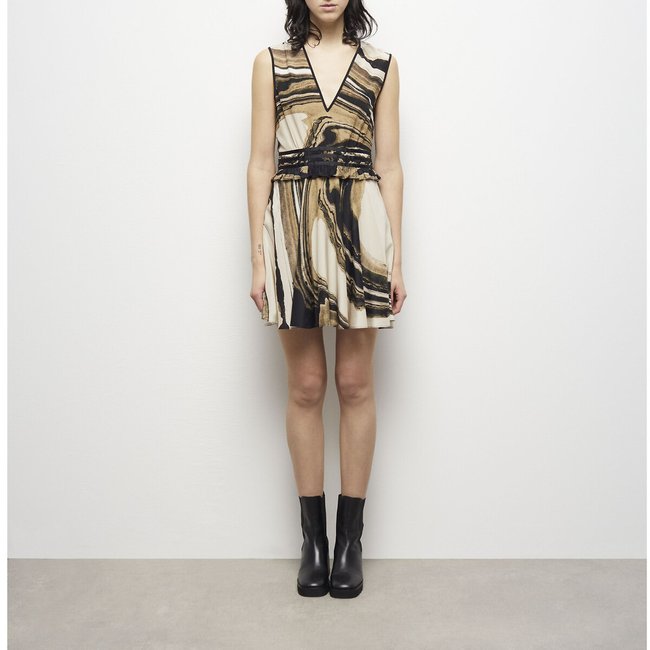 Kurzes, bedrucktes, ärmelloses Seidenkleid beige bedruckt <span itemprop=
