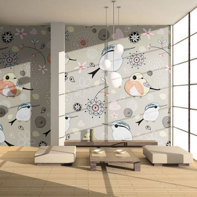 Papier peint intissé panoramique Pour enfants Oiseaux sur fond rose Couleur rose <span itemprop=
