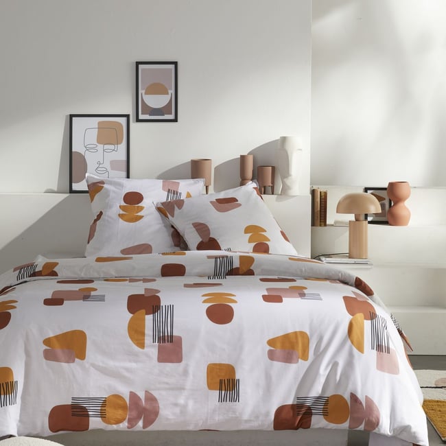 Parure de lit imprimé graphique coton RETRO MOOD blanc <span itemprop=