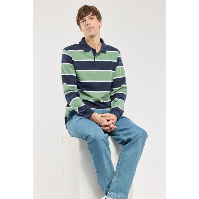 Polo rayé manches longues - coton marine deep/ivy/blanc <span itemprop=