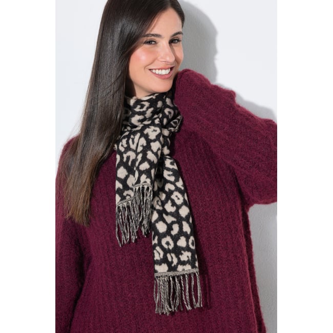 Écharpe motif léopard, bords frangés beige <span itemprop=