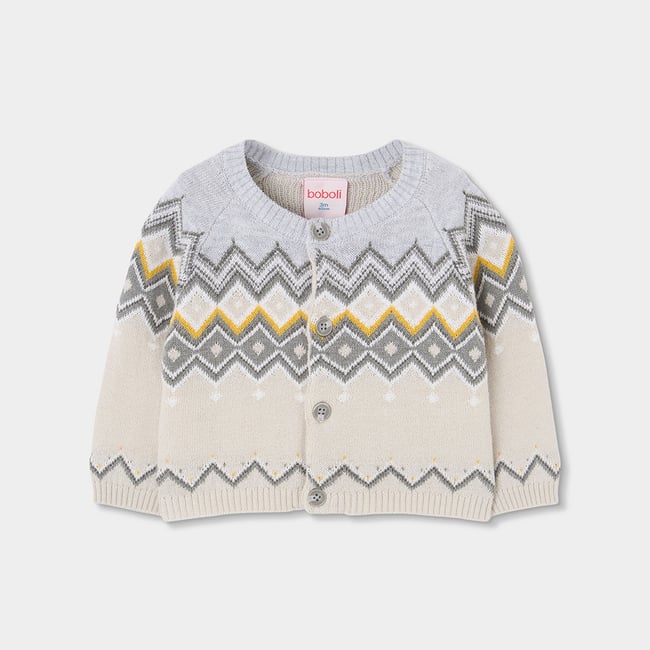 Gilet bébé maille imprimé géométrique beige <span itemprop=