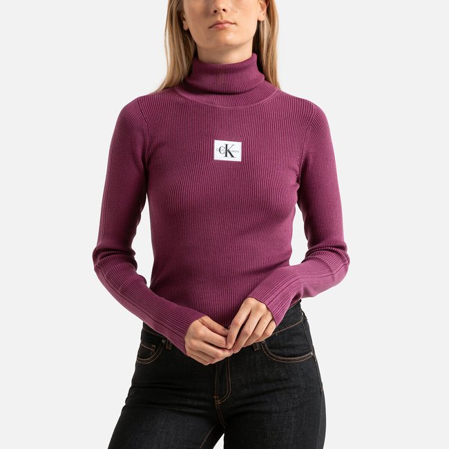 Slim Fit Turtleneck Jumper in Ribbed Knit, burgundy, CALVIN KLEIN JEANS