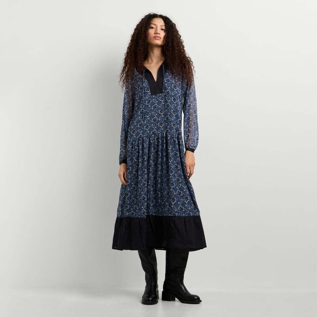 Robe Longue En Chiffon À Imprimé Floral bleu acier <span itemprop=