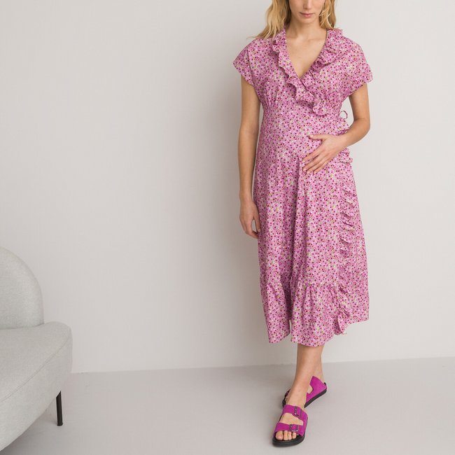 Robe de grossesse, à volants imprimé fleuri rose <span itemprop=