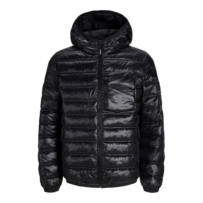 Chaqueta brillante con capucha negro <span itemprop=