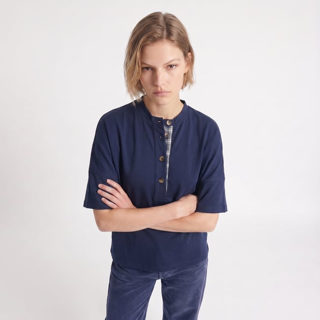 T-shirt col officier manches courtes MARISSE bleu marine <span itemprop=