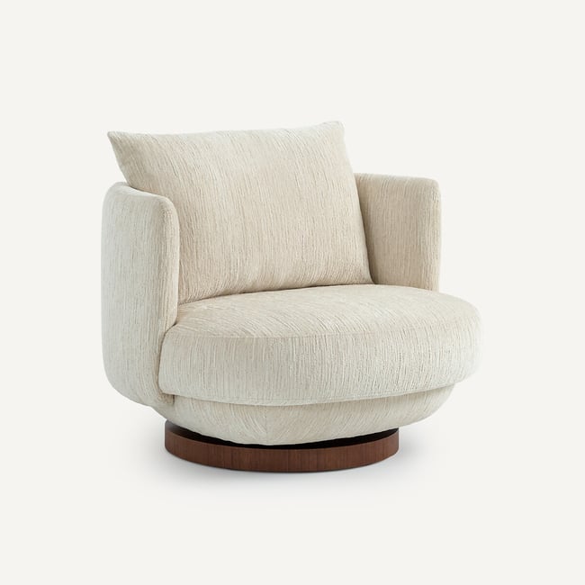Fauteuil pivotant en velours texturé et plaqué noyer, ROSEO Couleur ecru <span itemprop=
