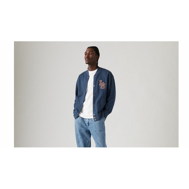 Bomber cardigan pressionné, motif brodé bleu marine <span itemprop=