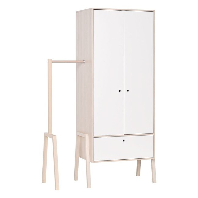 Armoire 2 portes 1 tiroir avec penderie et 1 porte manteau - SPOT Couleur décor bois acacia et blanc <span itemprop=