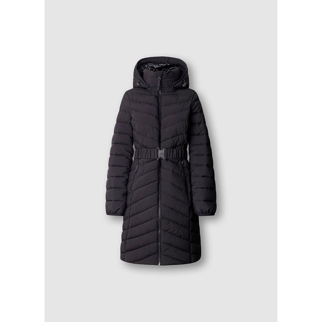 Doudoune longue ceinturée à capuche noir <span itemprop=