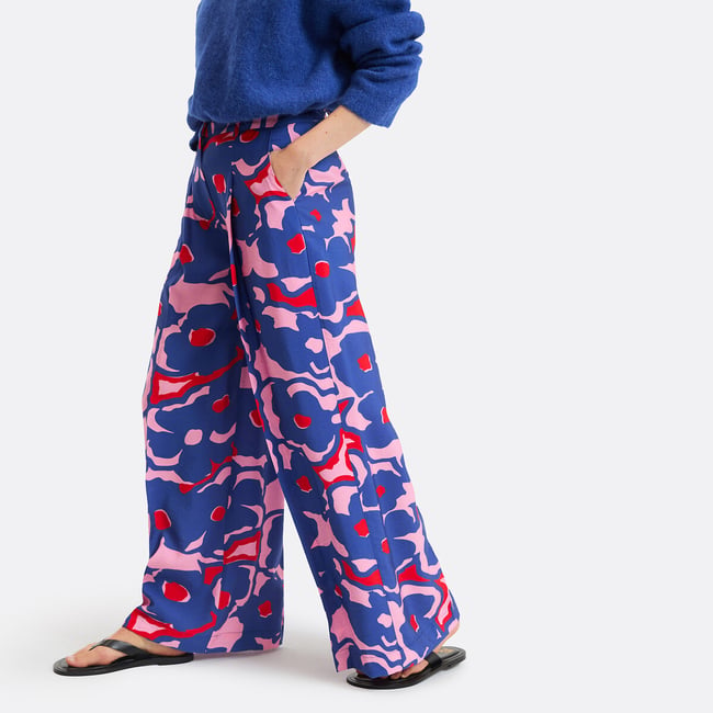 Pantalon large imprimé à pinces imprimé fleur bleu <span itemprop=
