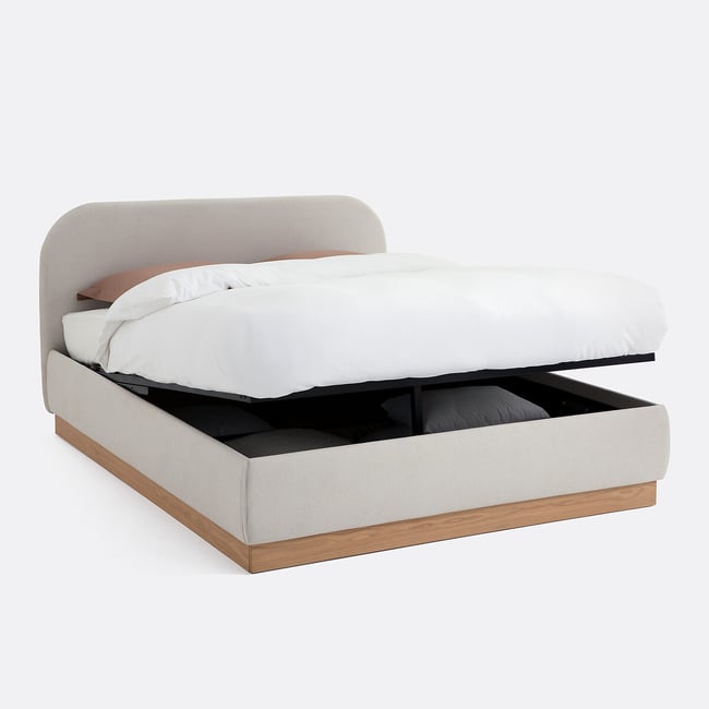 Cama com arrumação e estrado elevatório, Marica bege <span itemprop=