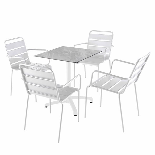 Table en HPL inclinable pied blanc et 2 chaises en métal, OPERA marbre <span itemprop=