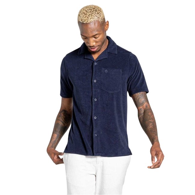 Chemise unie manches courtes bleu marine <span itemprop=