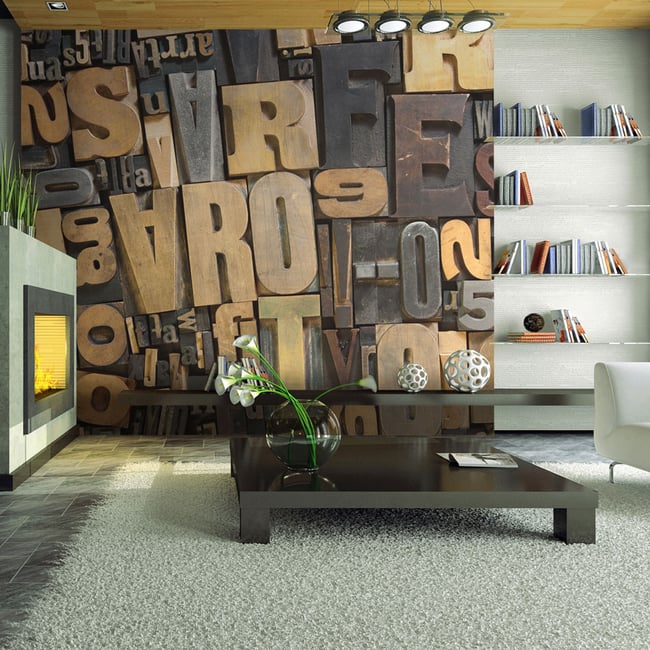 Papier peint intissé panoramique Textes Lettres en bois Couleur beige <span itemprop=