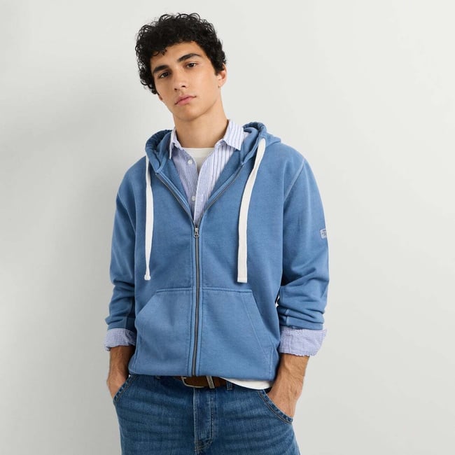 Sweat-Shirt À Capuche Et Fermeture Éclair Coupe Regular bleu mer <span itemprop=
