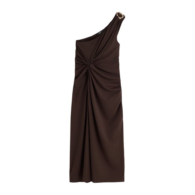Robe mi-longue asymétrique nouée/détail doré chocolate <span itemprop=