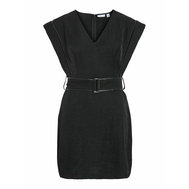 Robe courte ceinturée à manches courtes noir <span itemprop=