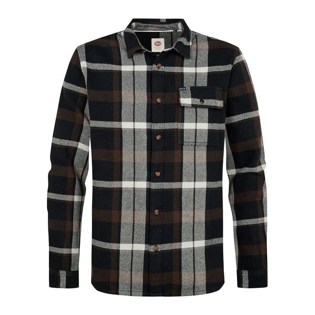 Casaco modelo camisa, padrão xadrez, mangas compridas preto  <span itemprop=