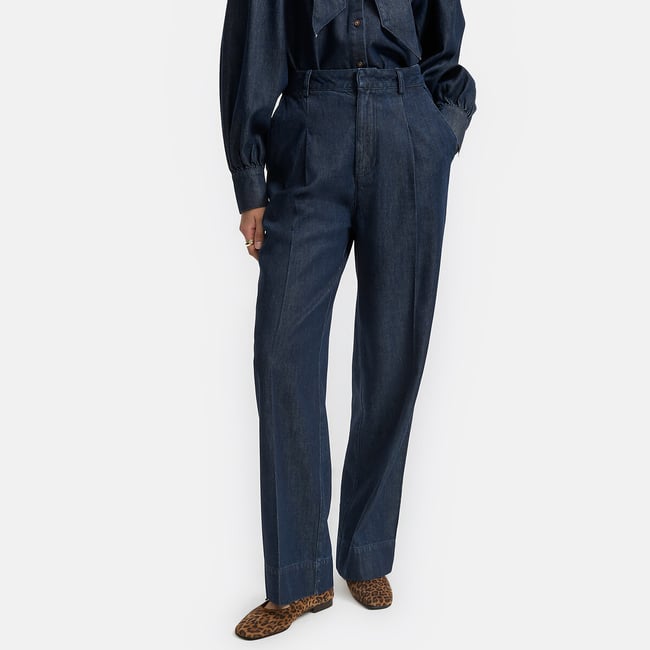 Jean large femme taille haute à plis bleu brut <span itemprop=