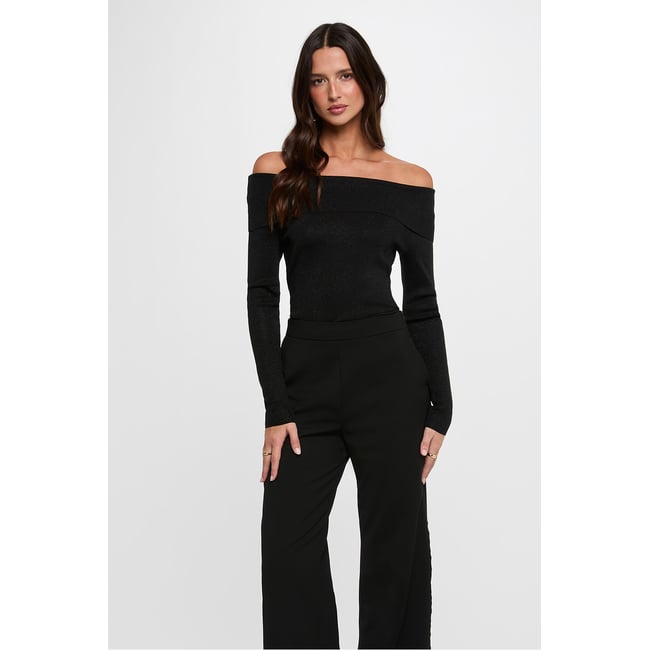 Pull col bardot métallisé noir <span itemprop=