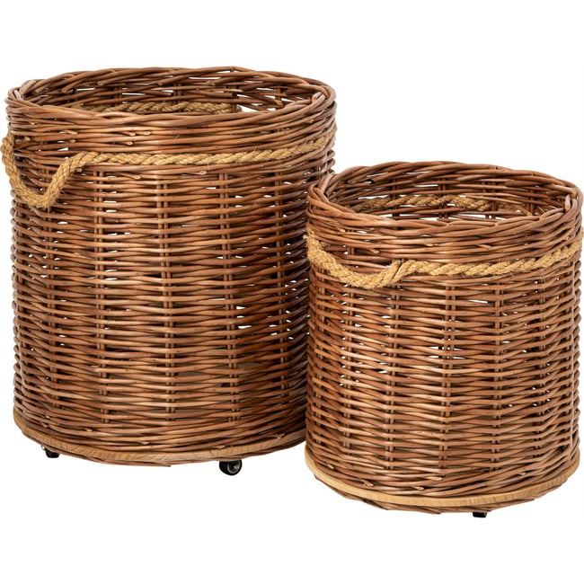 Lot de 2 cache-pots ronds en rotin à roulettes Couleur naturel et rouille <span itemprop=