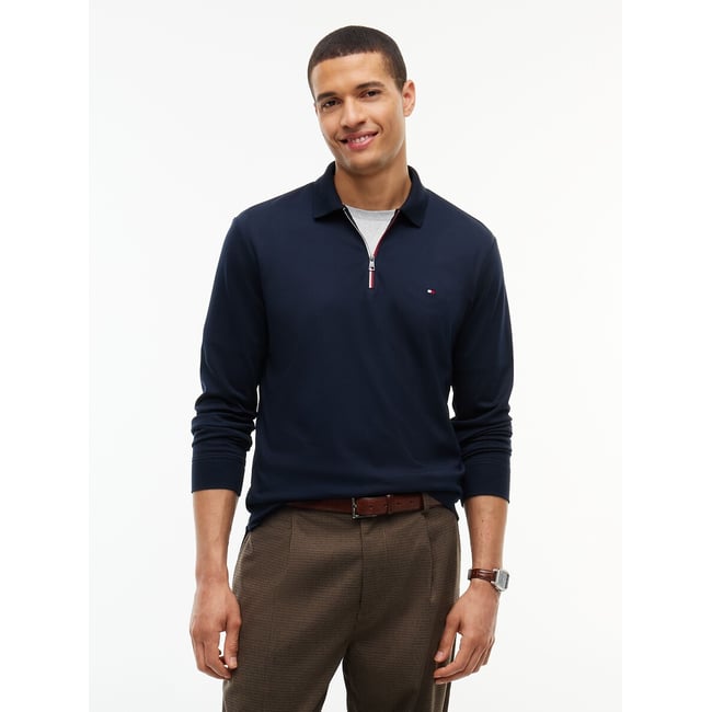 Polo manches longues, demi-zippé, coupe regular bleu marine <span itemprop=