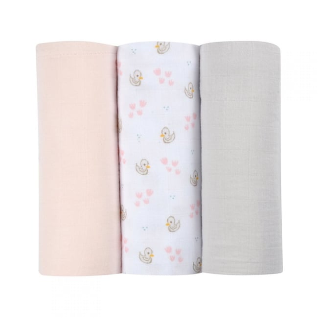 Lot de 3 langes en coton cygne rose gris <span itemprop=