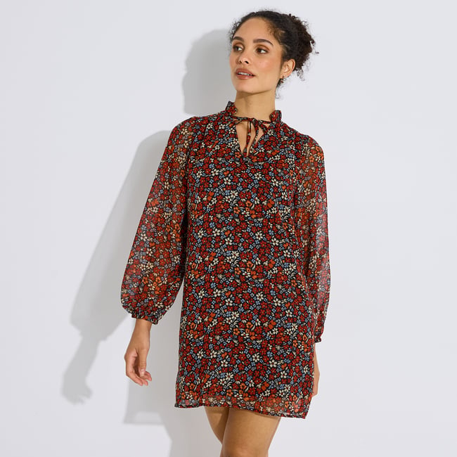 Robe courte imprimé fleurs orange rouge <span itemprop=