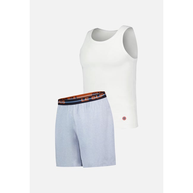 Ensemble pyjama débardeur et short en coton FULMINANTINVINCIBLE blanc bleu ciel chiné <span itemprop=