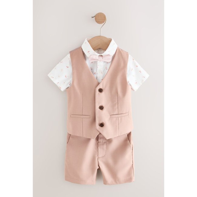 Gilet de costume chemise short nœud papillon rose motif fleurs <span itemprop=