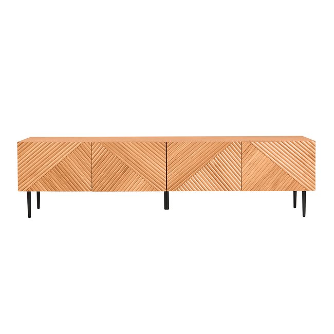 Meuble TV design en bois clair chêne massif gravé et métal noir 4 portes L180 cm ARCHIPEL Couleur chêne clair <span itemprop=