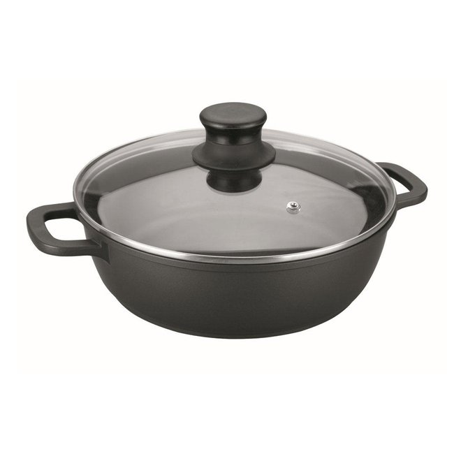 Faitout bas 28 cm en fonte d'aluminium couvercle en verre noir <span itemprop=