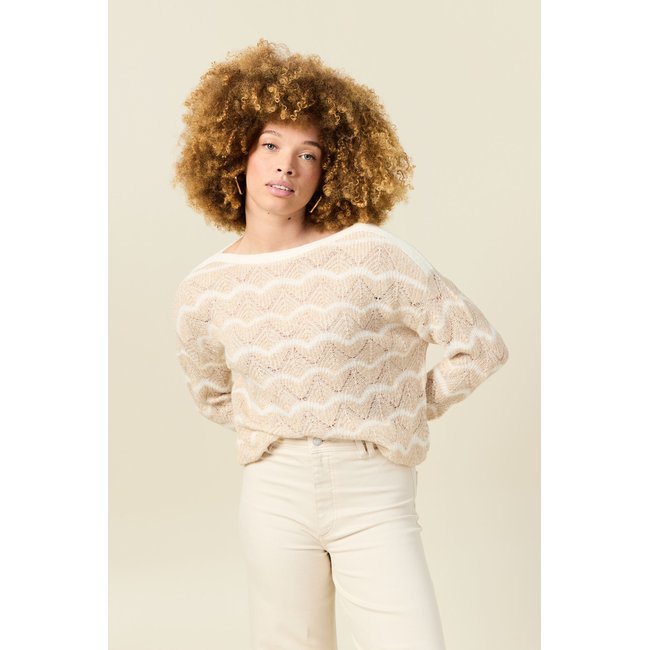 Pull manches longues ajouré creme <span itemprop=