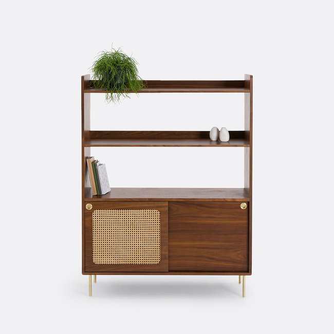 Regal Redpop, Nussbaumfurnier und Rattan nussbaum <span itemprop=
