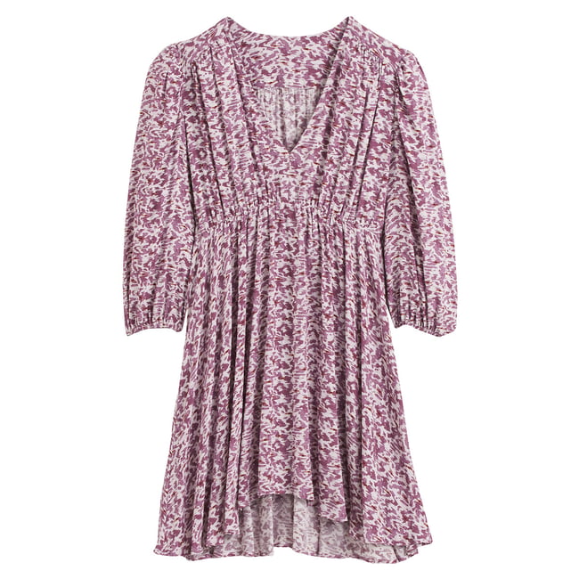 Robe courte évasée, manches longues  imprimé rose <span itemprop=