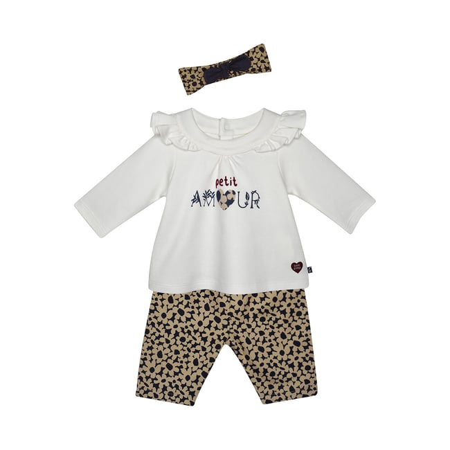 Tunique + pantalon + bandeau fleurette beige <span itemprop=