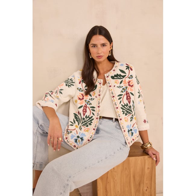 Veste brodée à manches longues en coton VOLTIGE ecru <span itemprop=