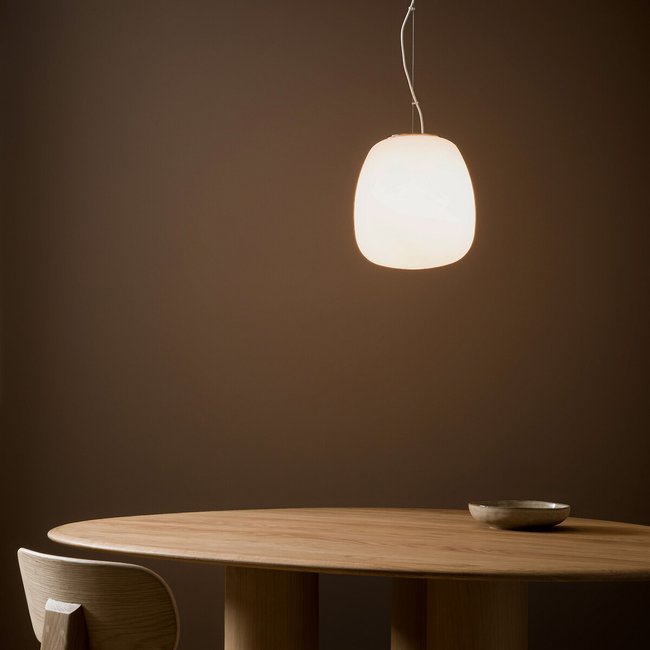 Candeeiro de teto em vidro fosco, modelo oblongo, Raeyes opalino <span itemprop=